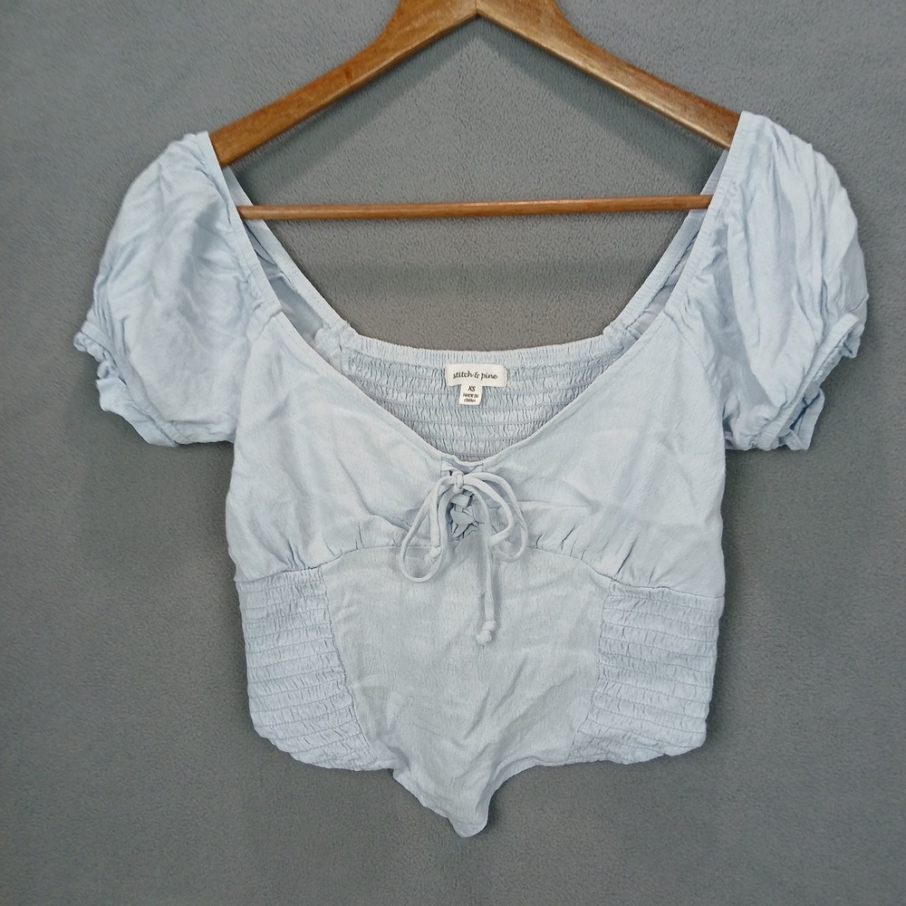 Stitch & Pine Crop Top Womens XS Light Blue Puff Sleeves Tie Front Smocked Party